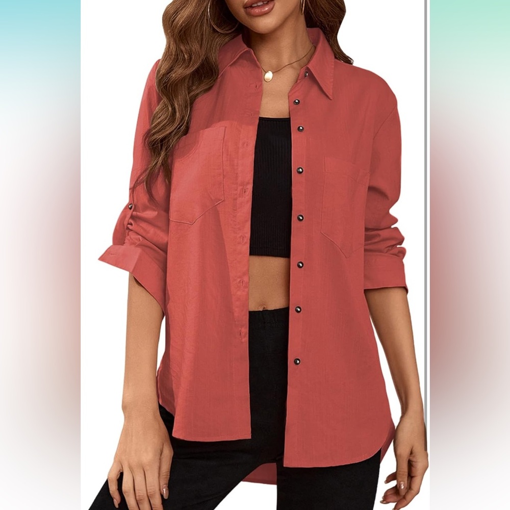 Button Down Top with Roll Up Long Sleeves